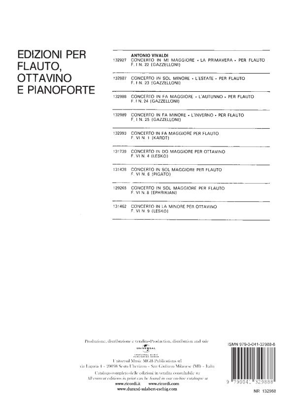 Concerto per Flauto, Archi e BC - In Fa 'L'Autunno' Op. Viii N. 3 Rv 293, F.I-24 - příčná flétna aklavír